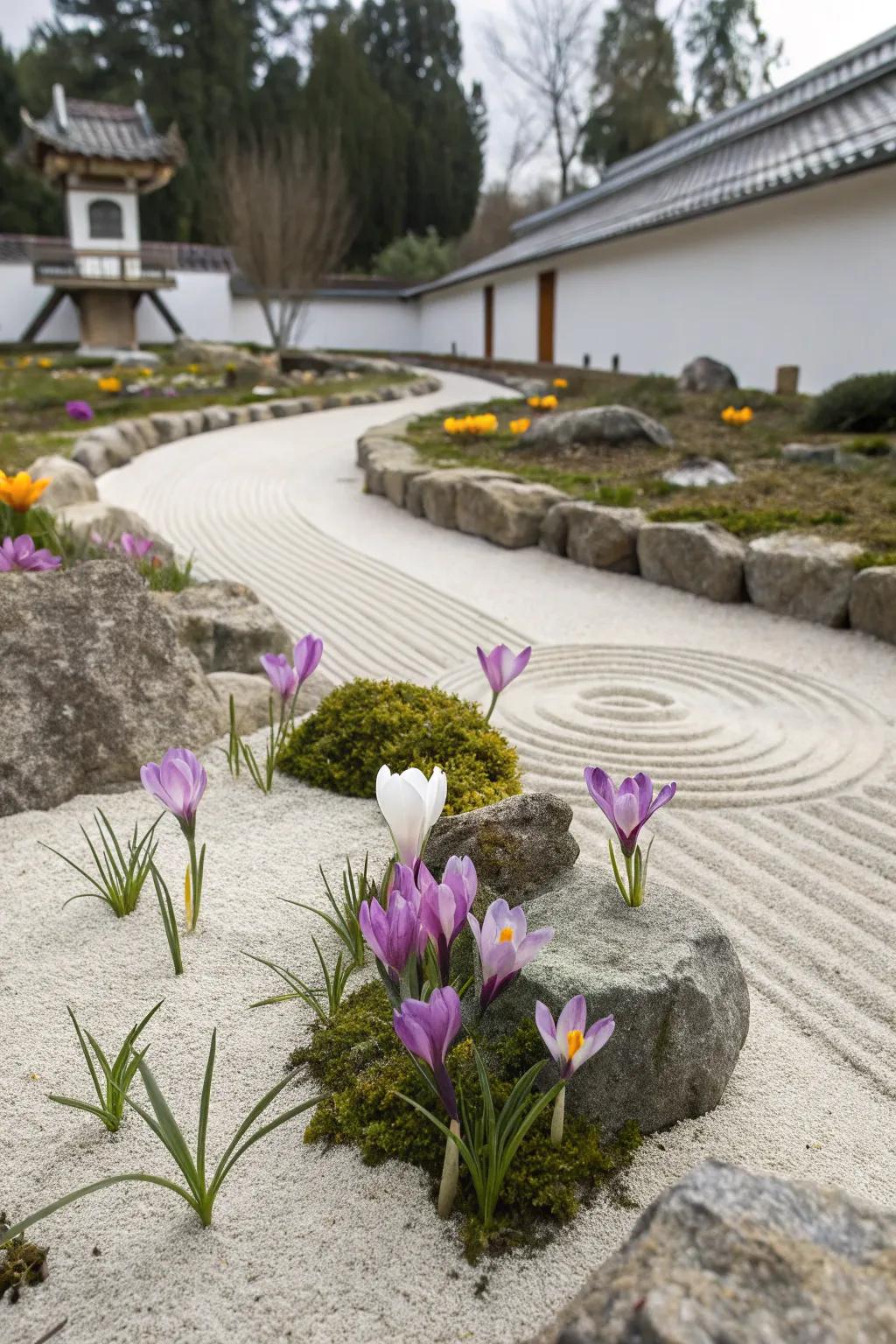 A Zen garden enhanced by the subtle color of crocuses.