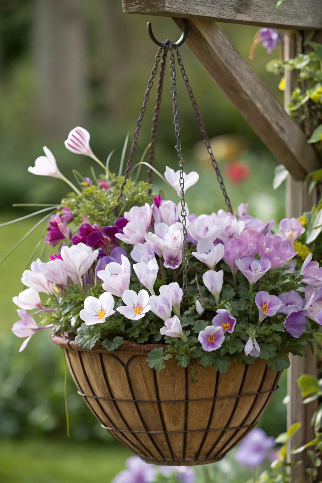 A hanging basket with beautifully layered crocus blooms.