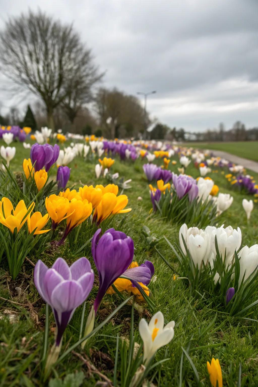 A colorful mix of crocus varieties in full bloom.
