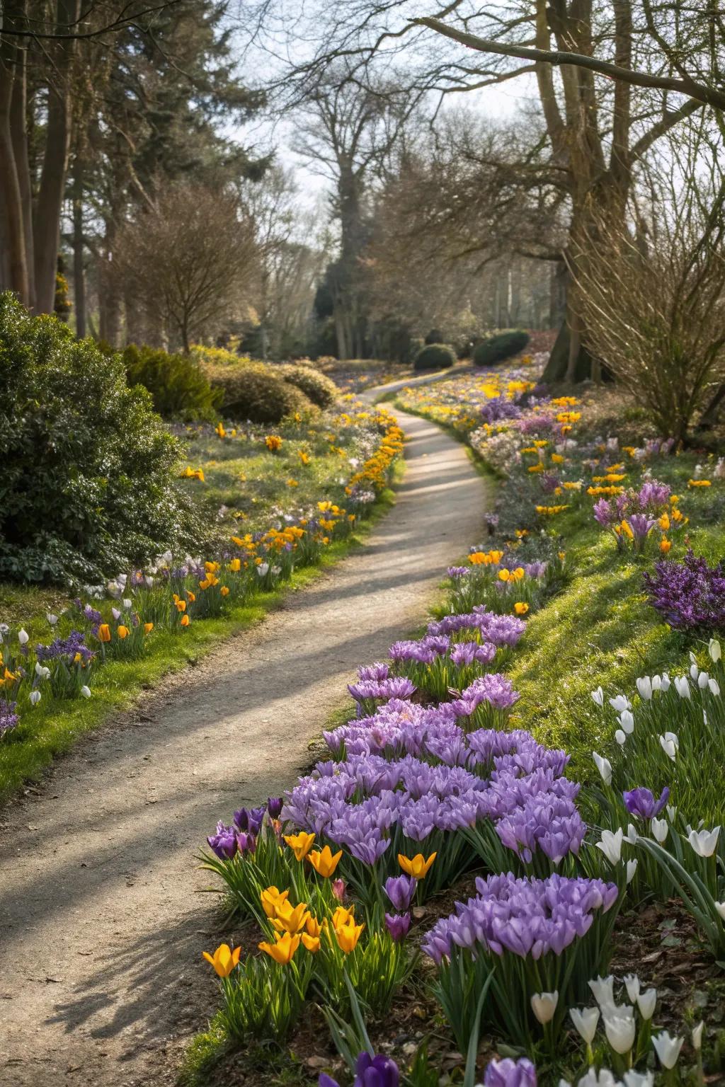 A garden path beautifully bordered with crocuses.
