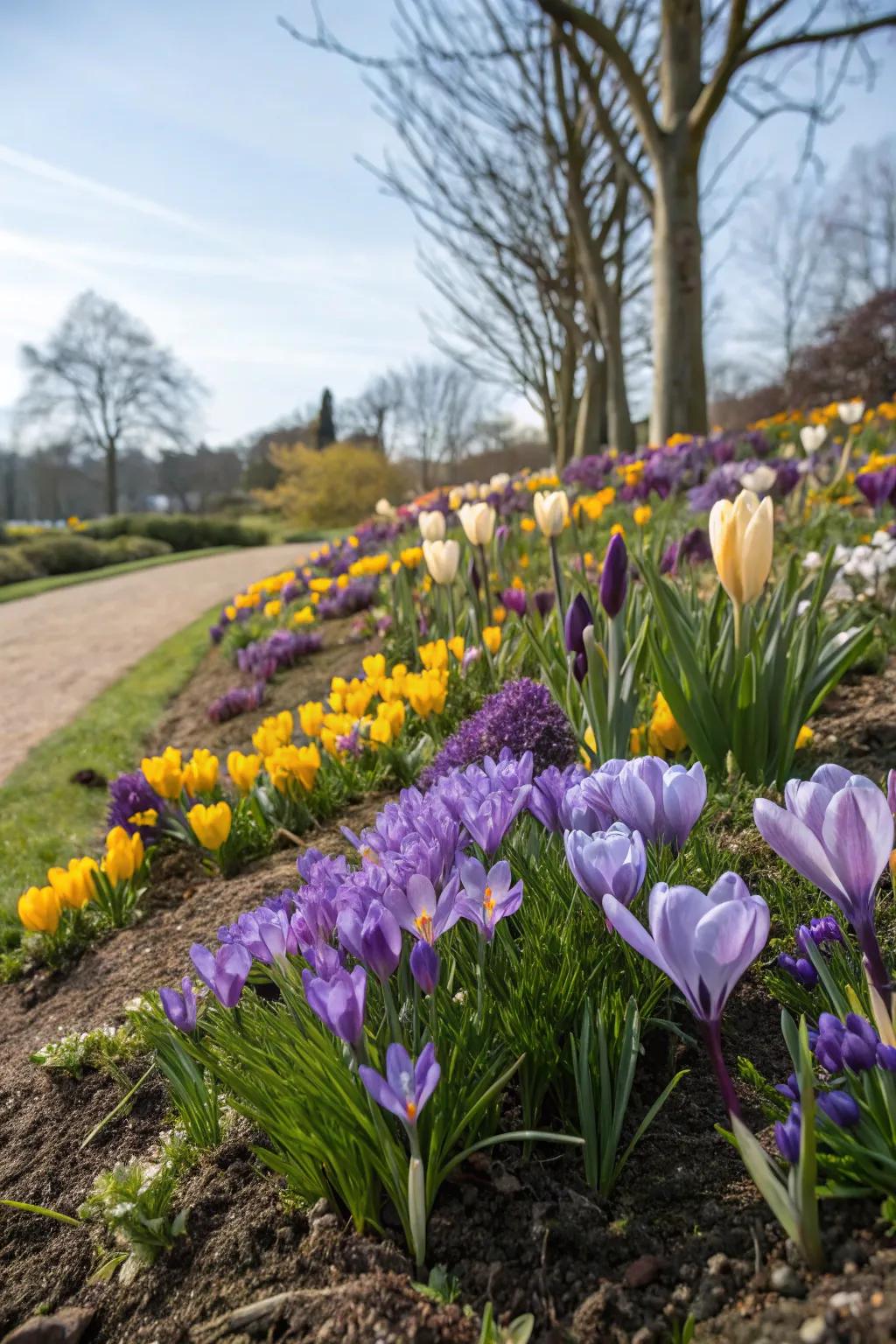 A harmonious blend of crocuses with other spring bulbs.