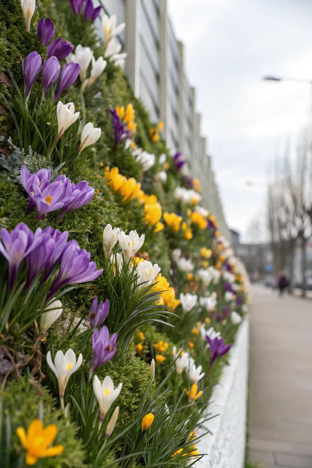 A vertical garden showcasing vibrant crocuses.