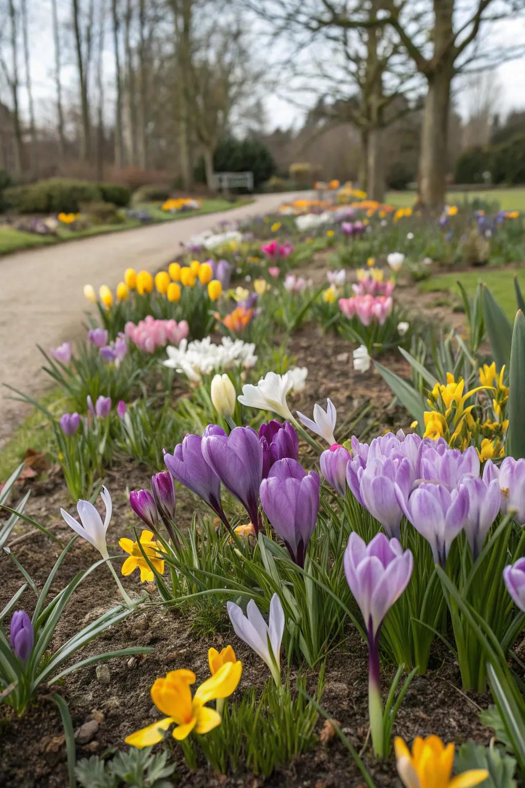 A vibrant mix of crocuses and other spring flowers in a garden bed.