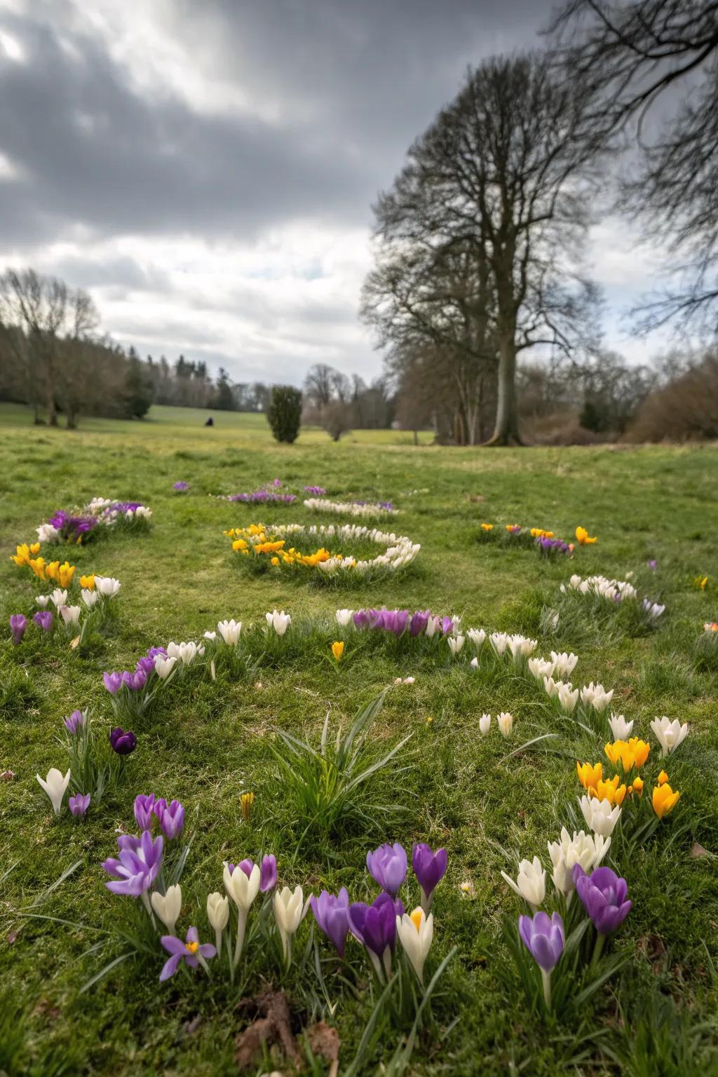 A whimsical fairy ring of crocuses in bloom.