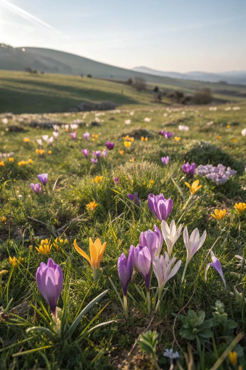 A wildflower meadow featuring naturally growing crocuses.