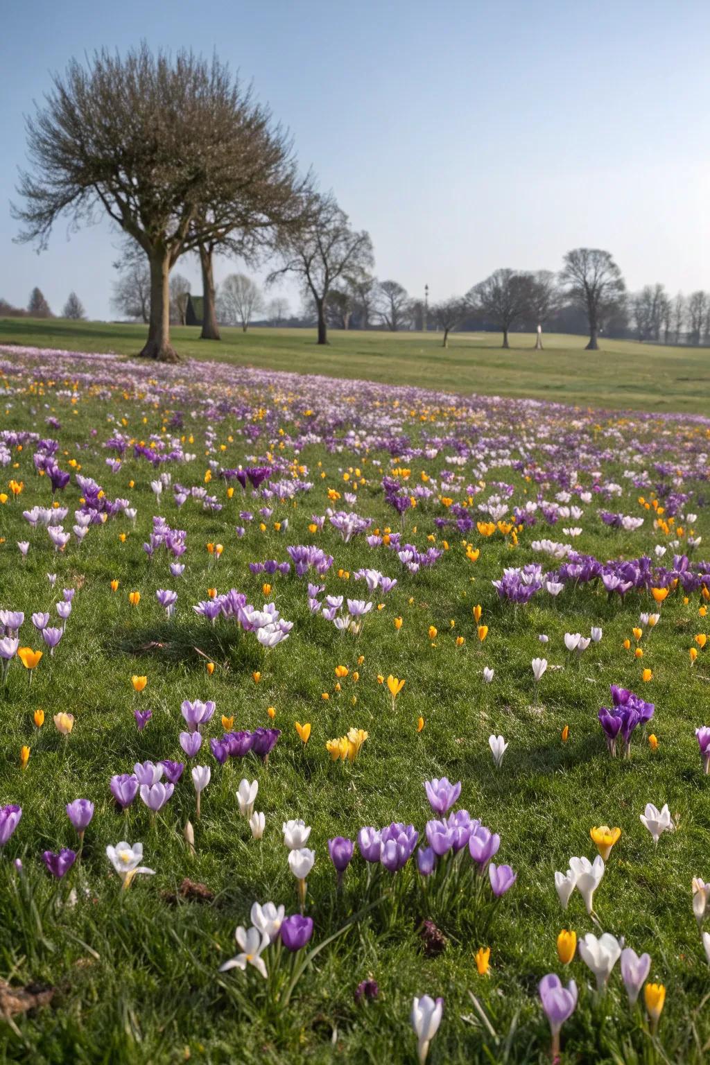 A lawn transformed into a vibrant carpet of crocus blooms.