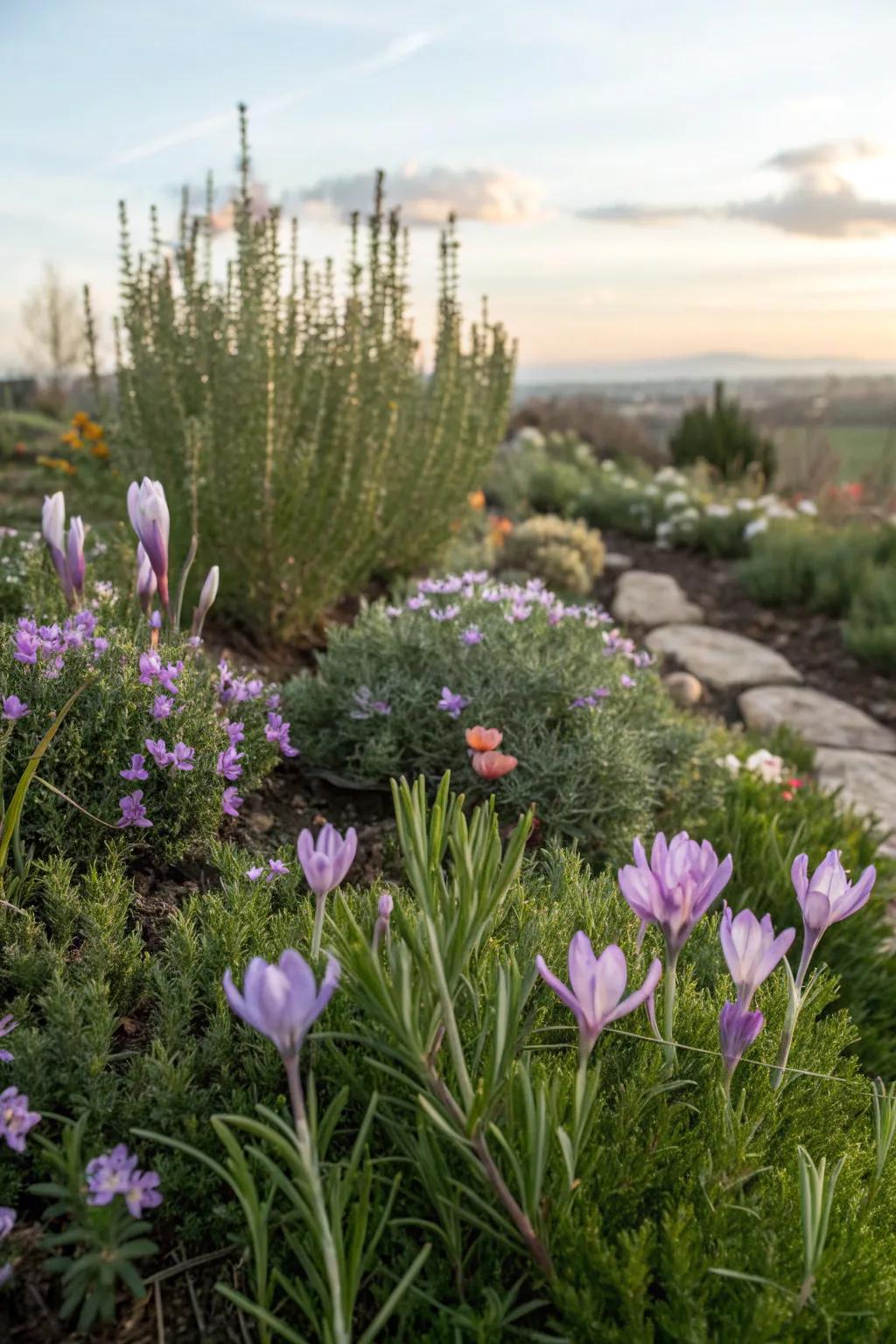 A vibrant herb garden featuring colorful crocuses.