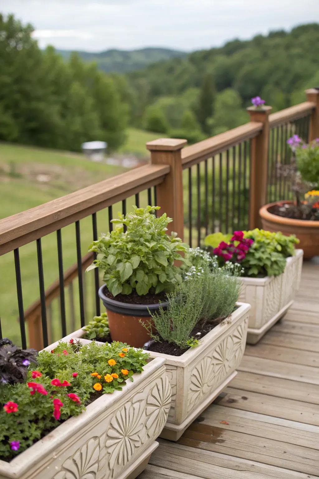Decorative planters adding color and life to the deck.