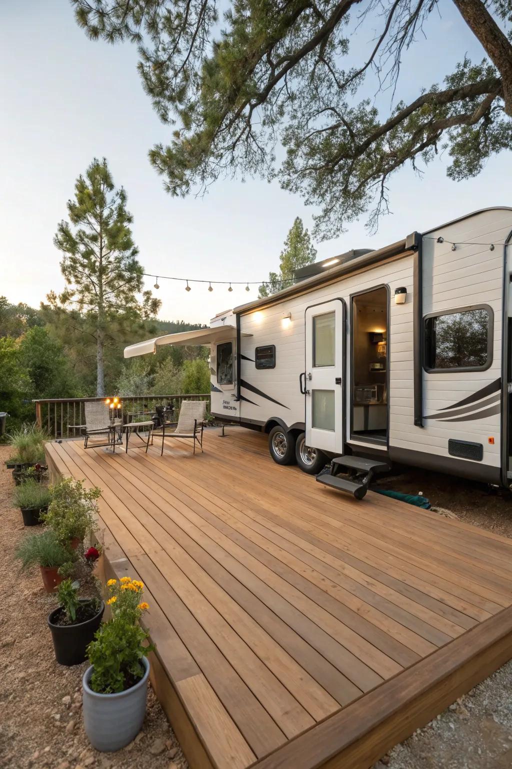 A deck that complements a camper for extended outdoor living.
