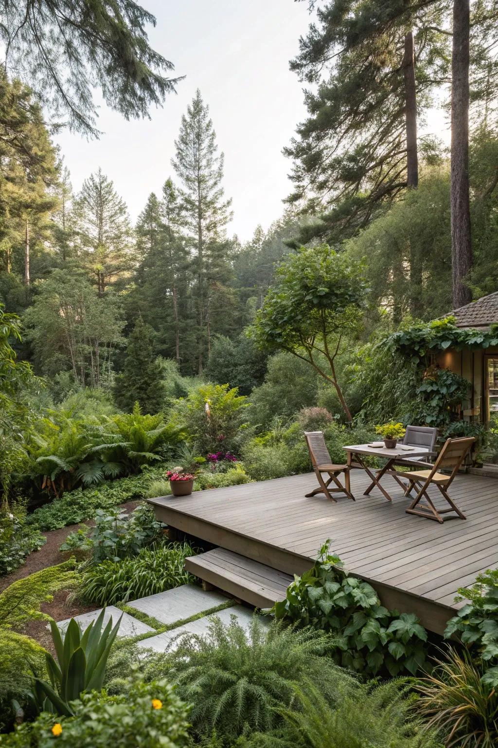 A deck transformed into a lush green oasis.