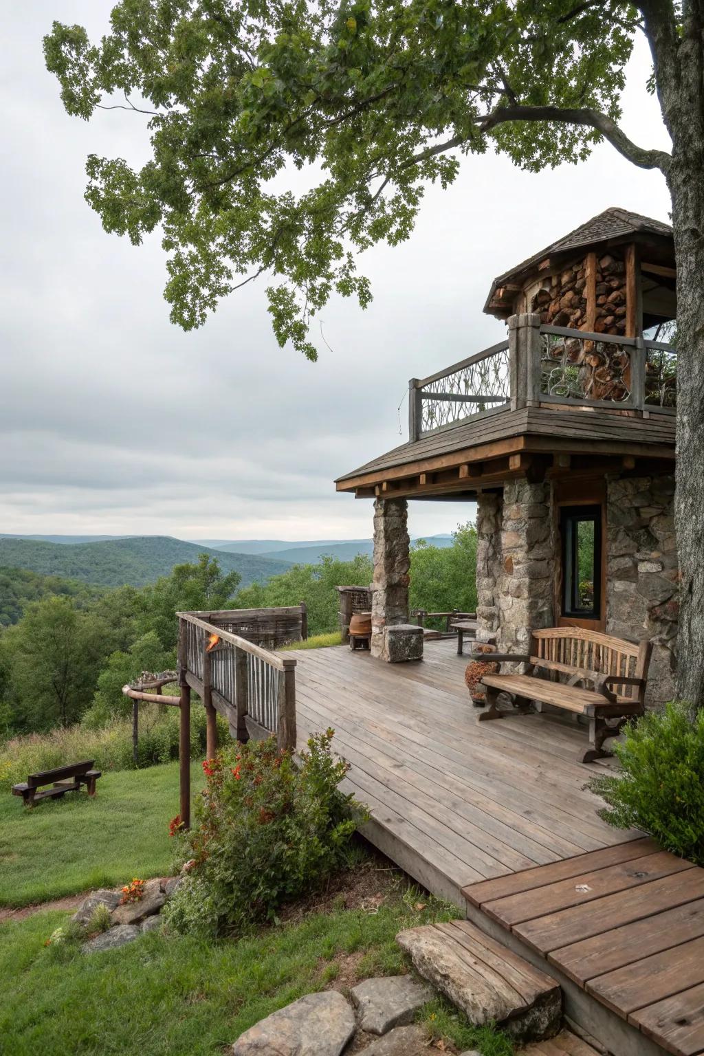 Rustic charm with weathered wood and stone.