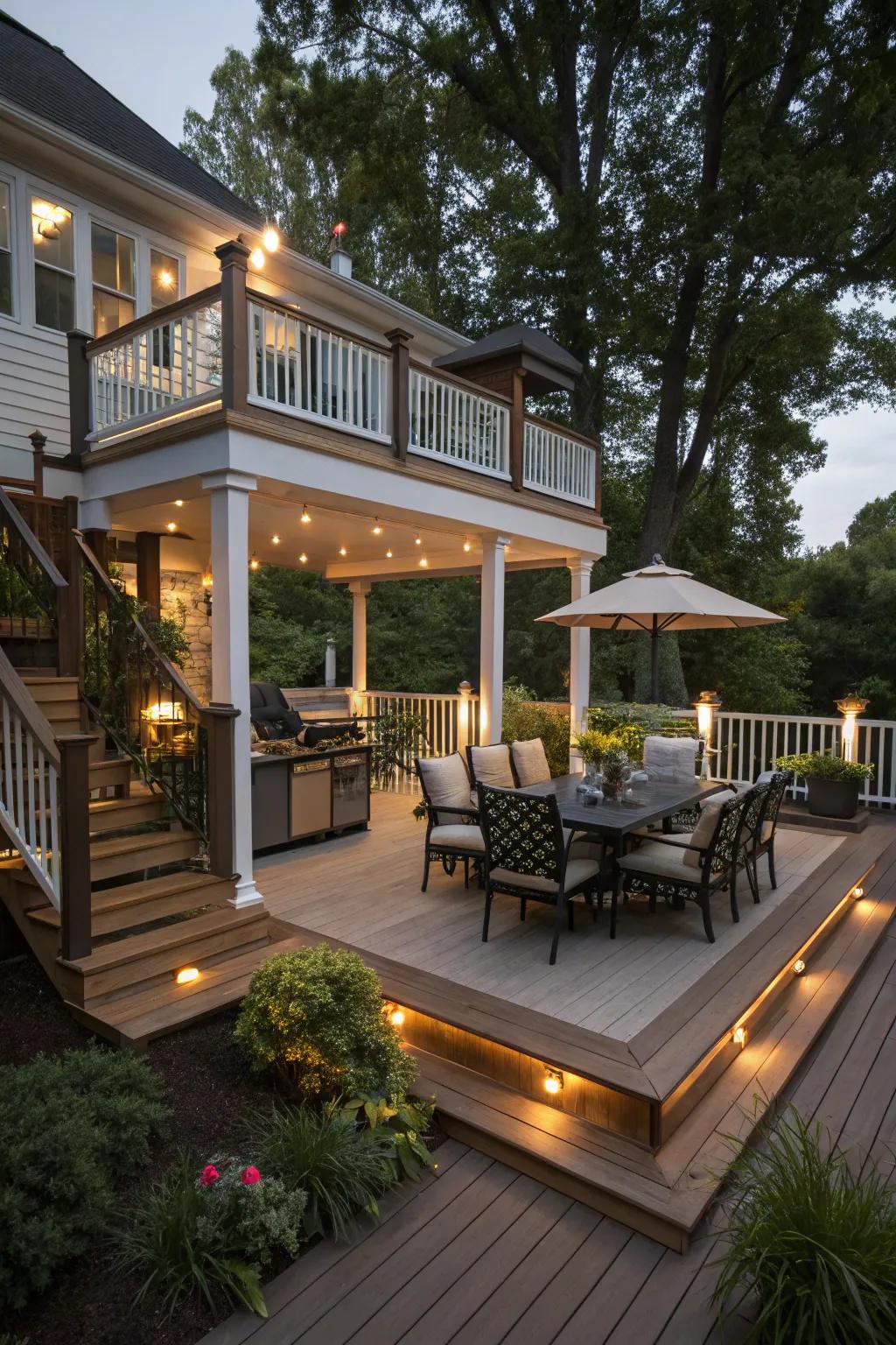 A multi-level deck with unique spaces for every need.