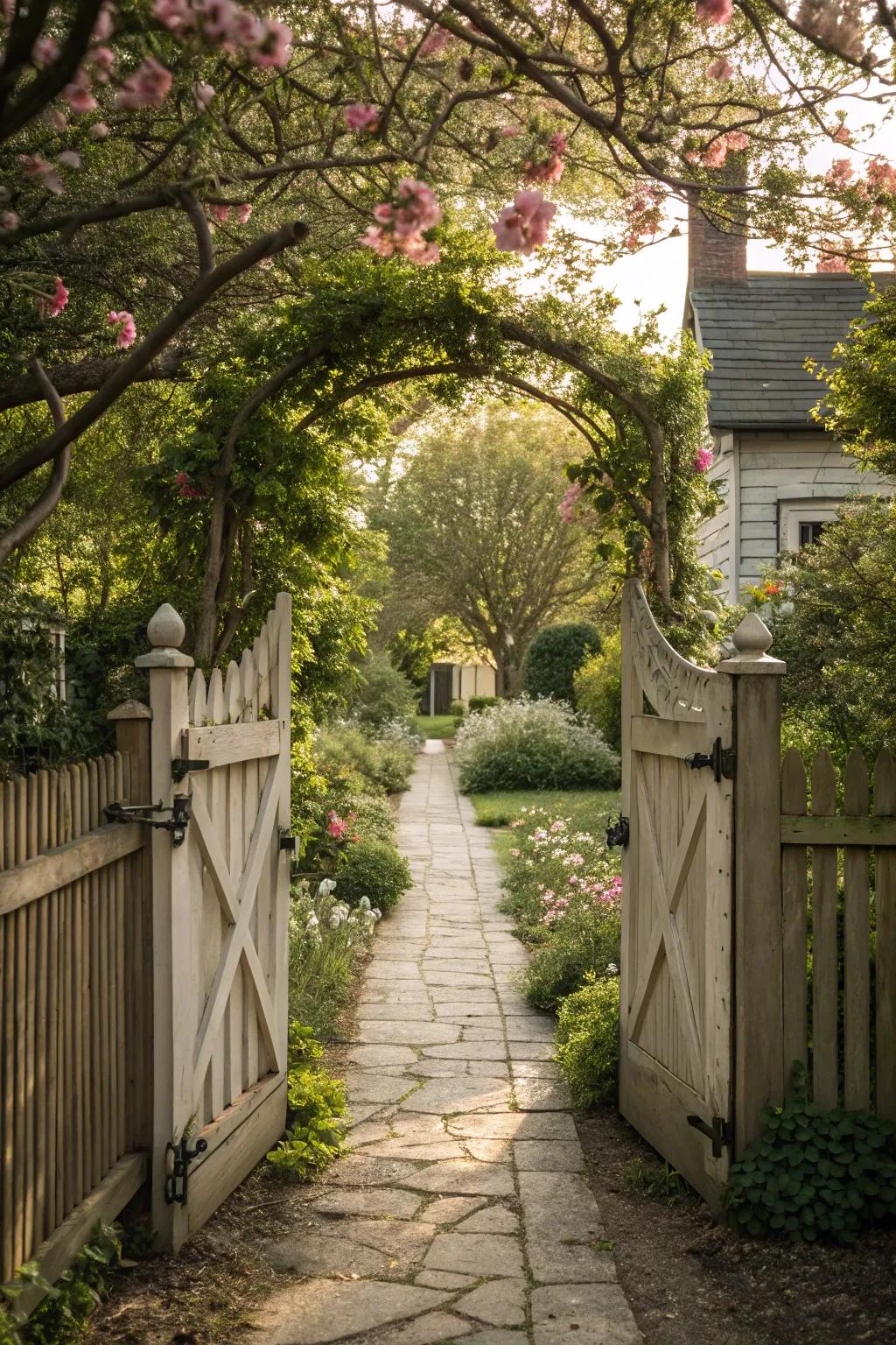 An inviting garden pathway with a charming entrance