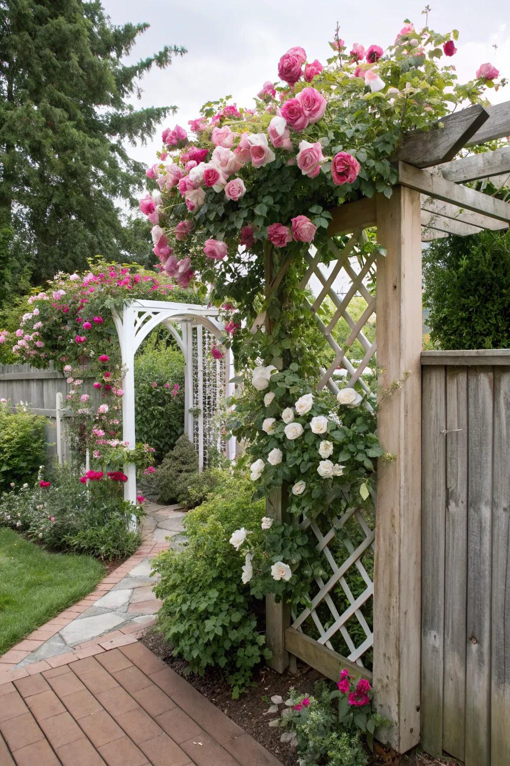 An inviting arbor with roses climbing through a trellis