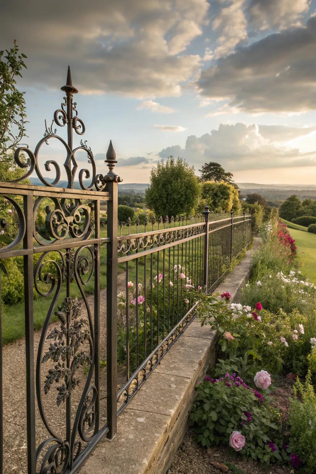 A decorative metal fence with elegant, intricate designs