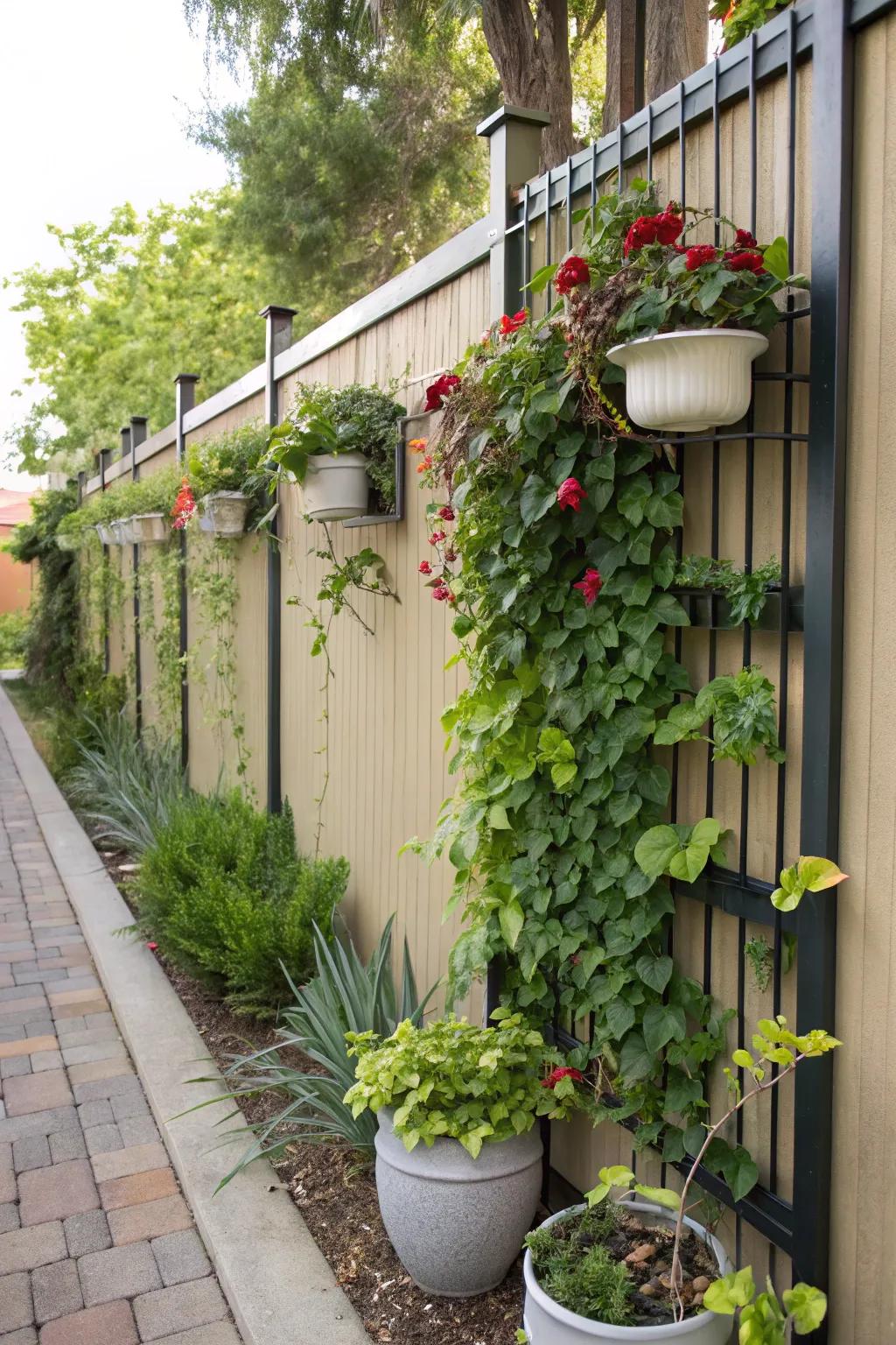 A vibrant vertical garden adorning a cottage fence
