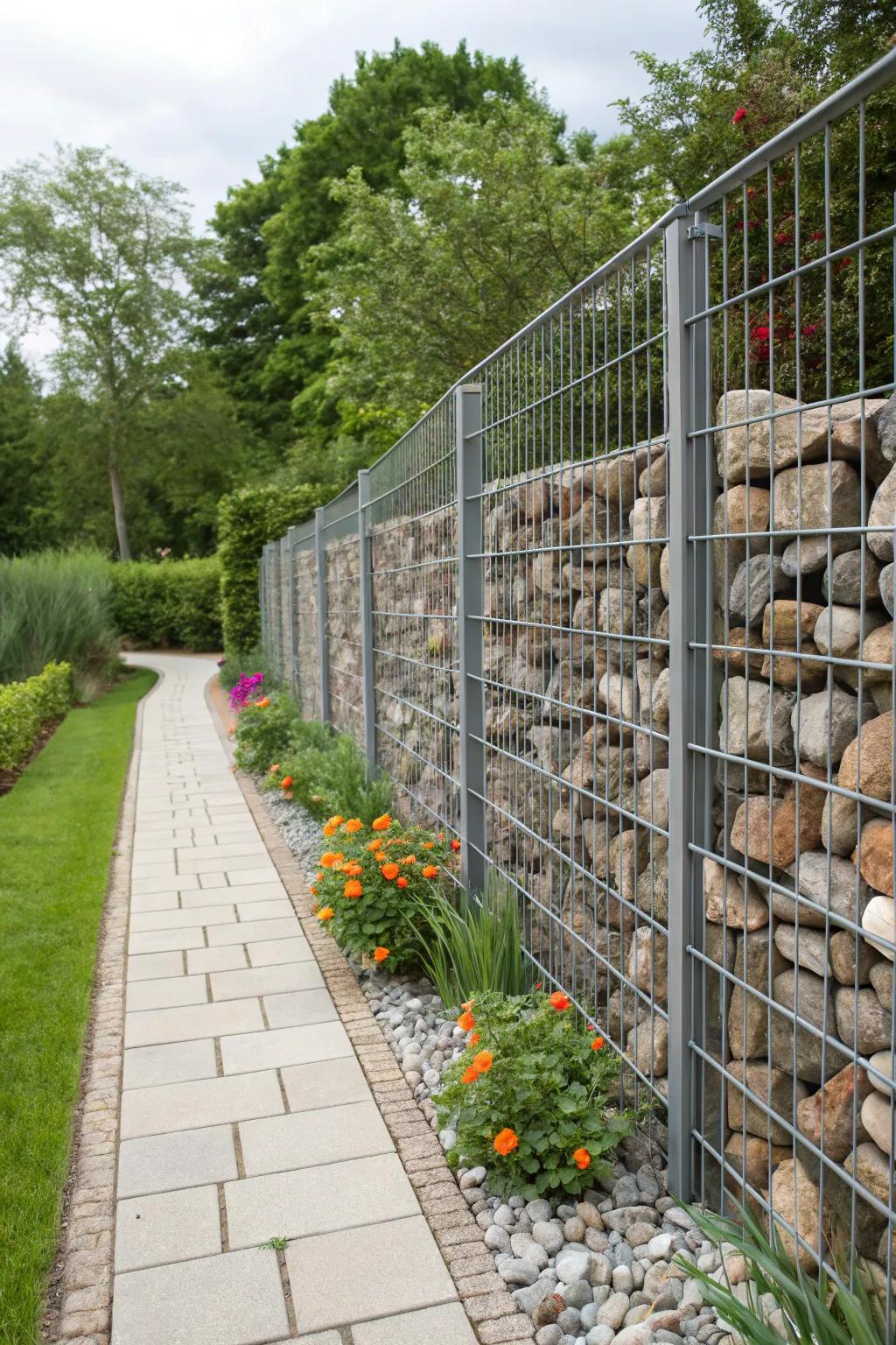 A modern gabion wall adding texture to the garden