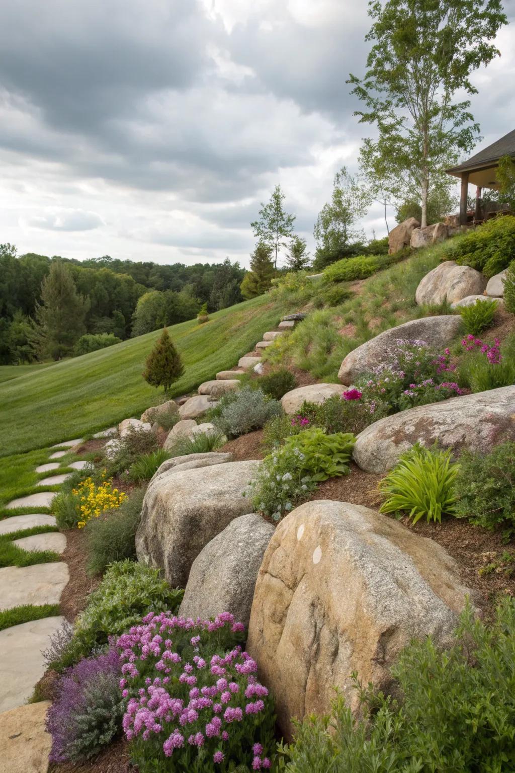 Boulders stabilize and beautify slopes.