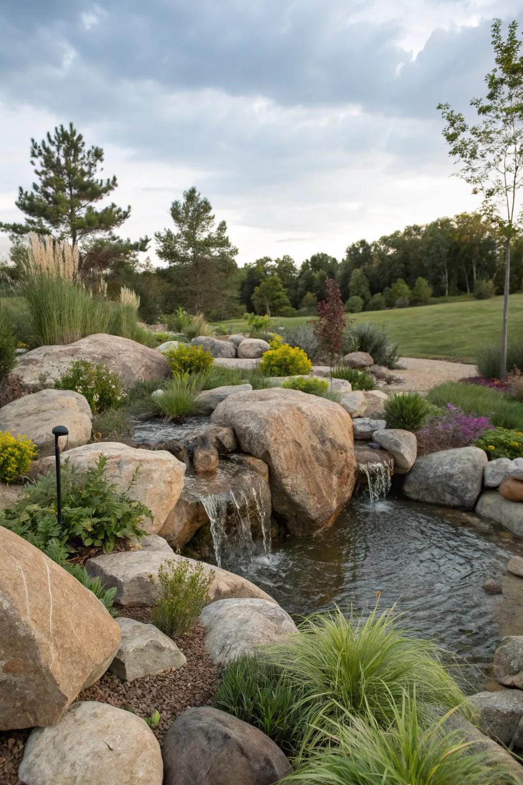 Create a serene retreat with boulders and native plants.