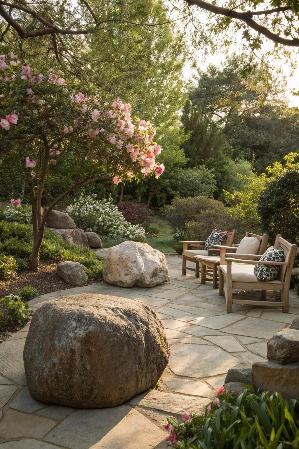 Boulders provide natural seating around a fire pit.
