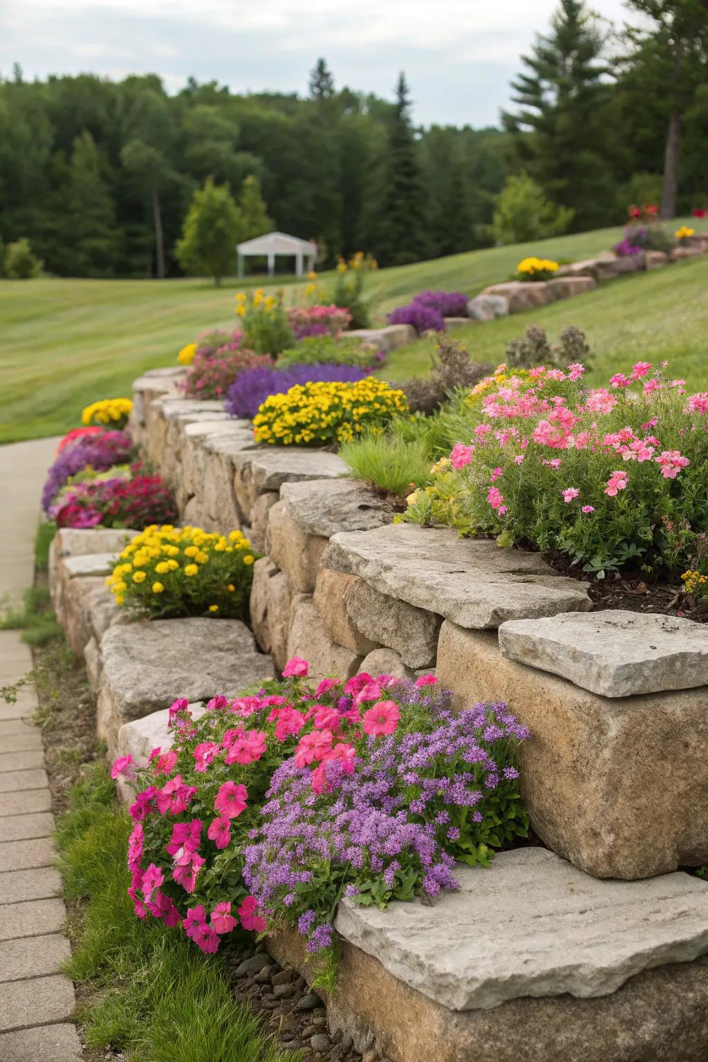 Showcase blooms with raised boulder beds.