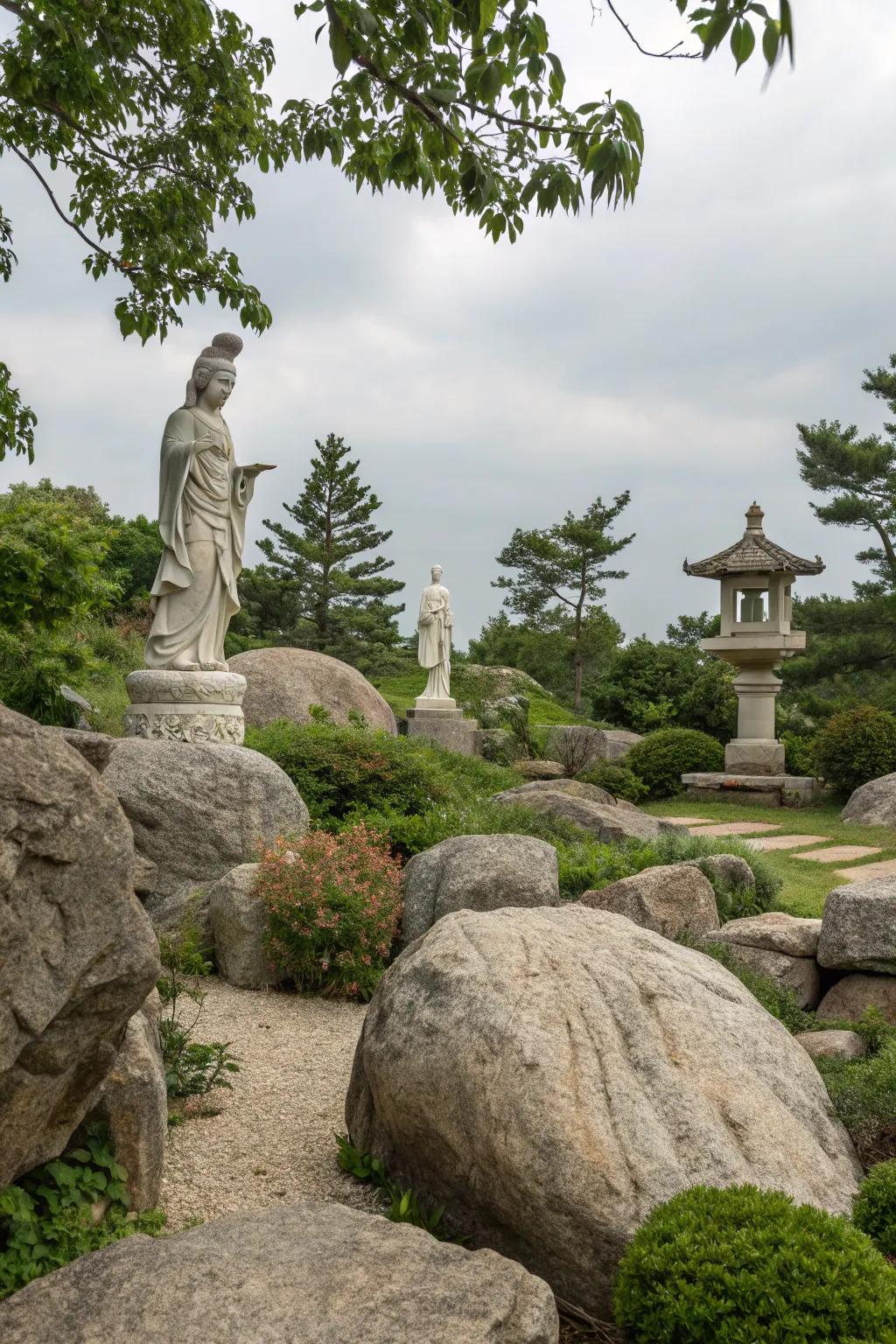 Boulders enhance outdoor art installations.