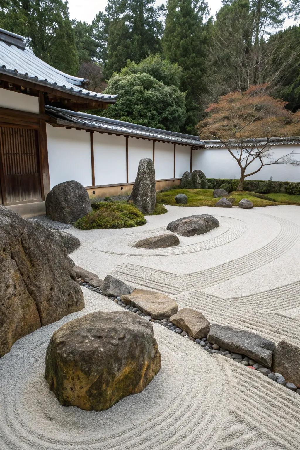 A tranquil Zen garden with boulders.