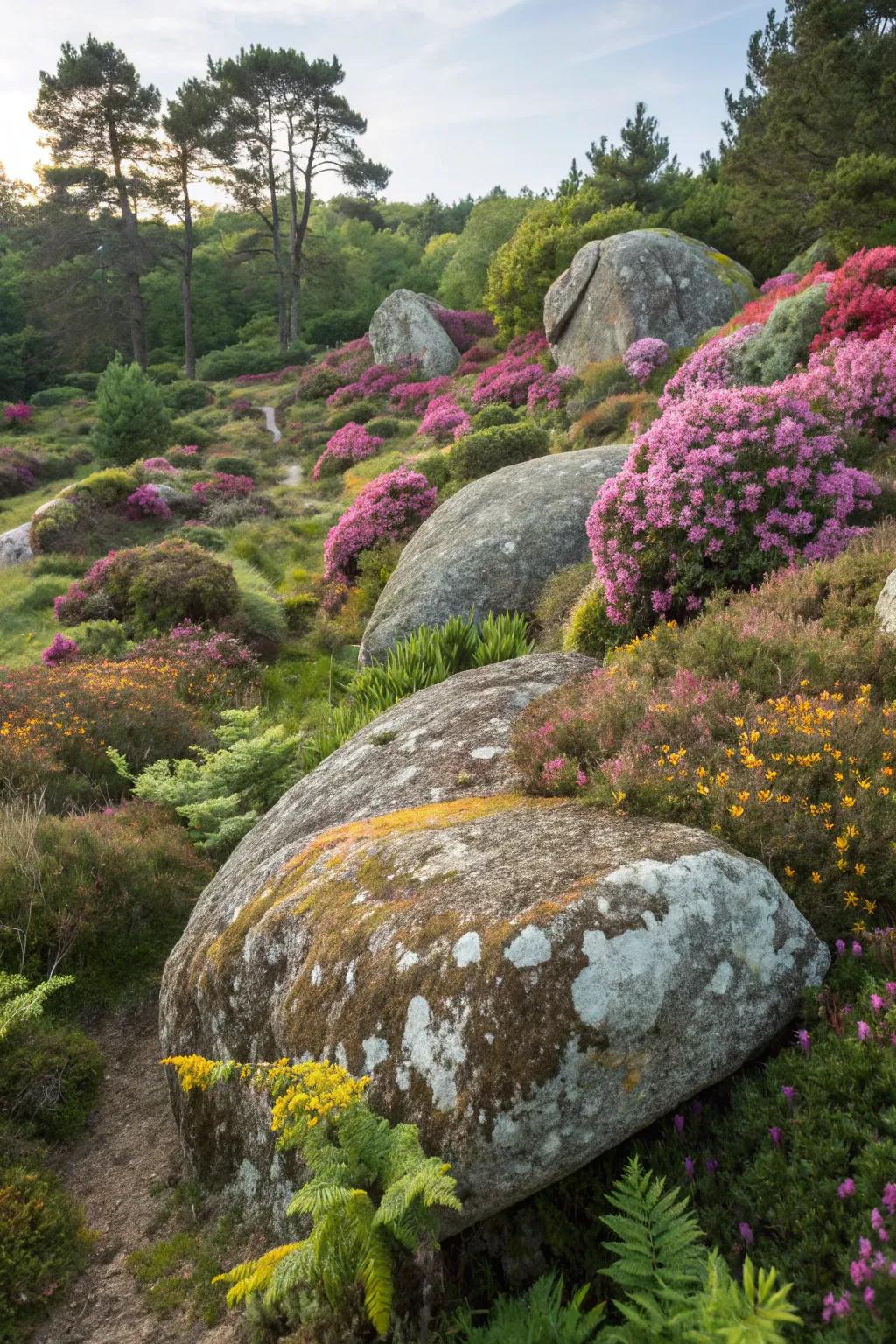A vibrant mix of plants and boulders.