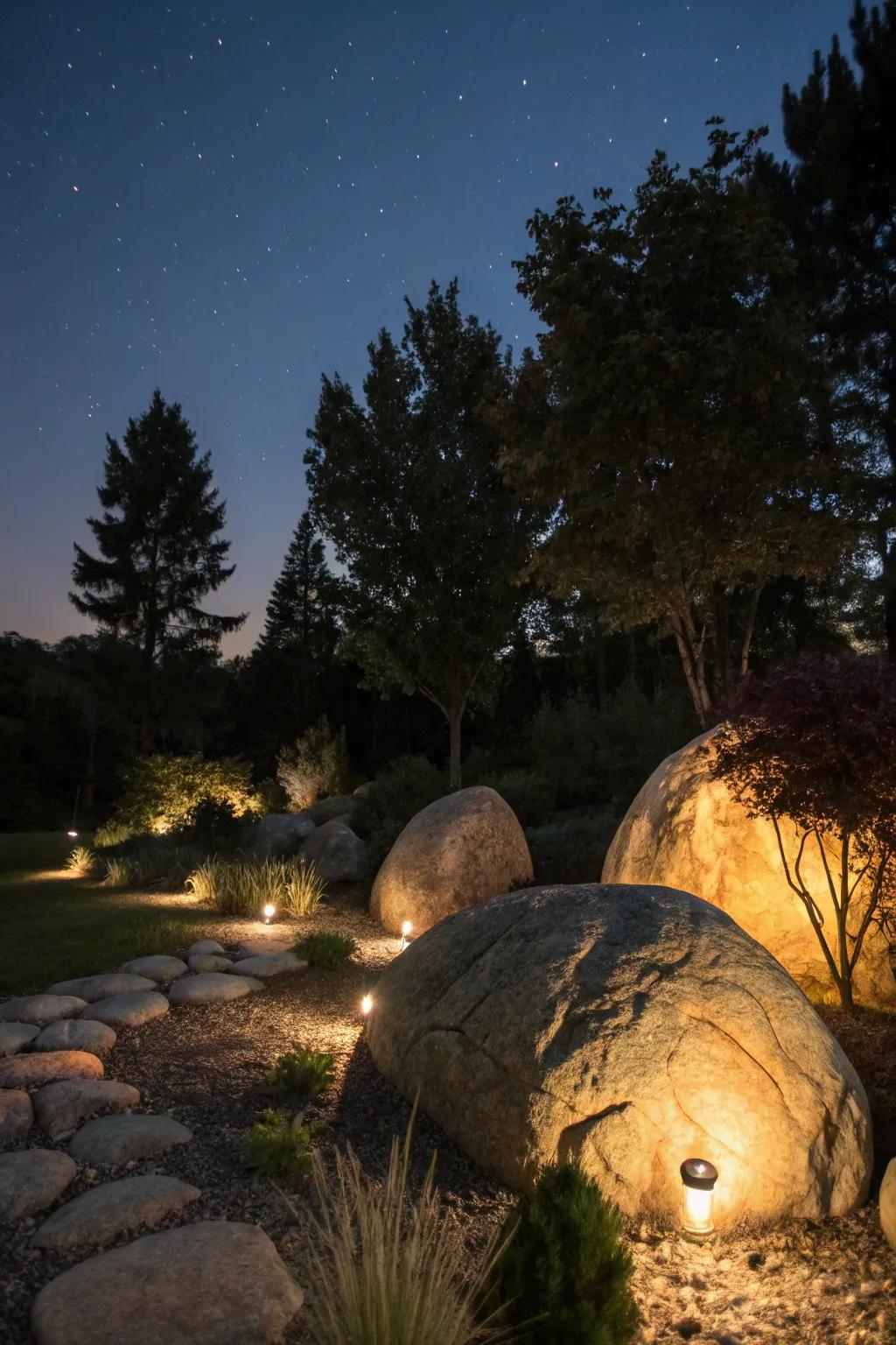 Boulders come alive with nighttime lighting.