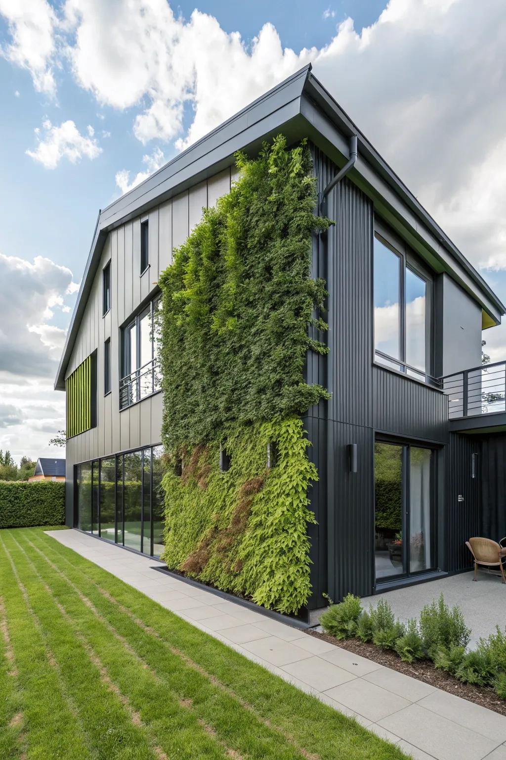 Vertical garden adding greenery to a modern metal home.