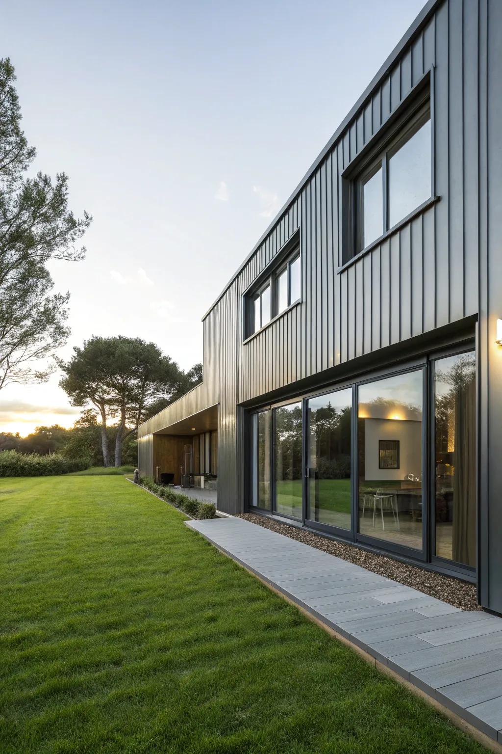 Sleek metal cladding on the exterior of a modern house.