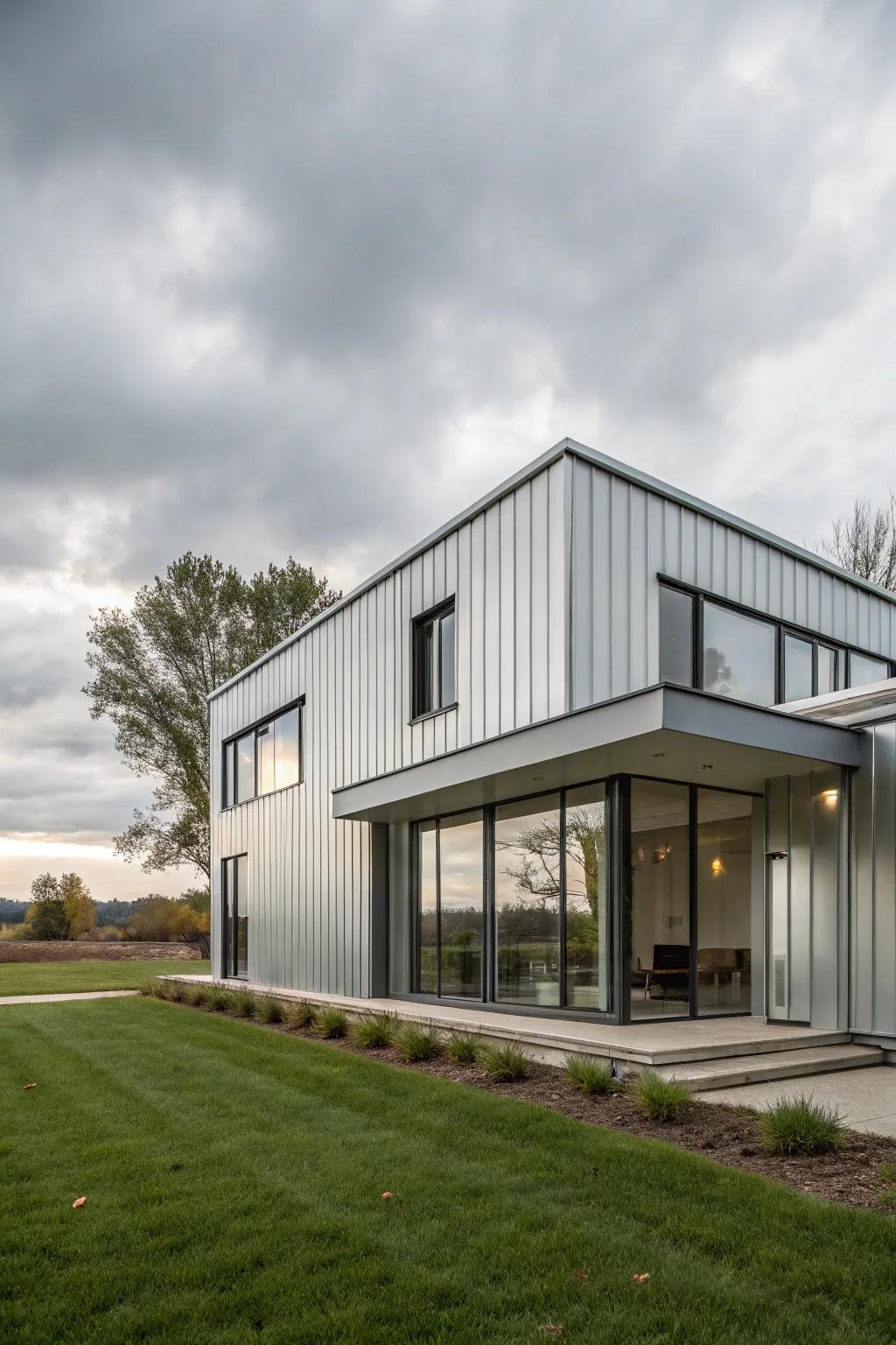 Sleek modern metal house with a stylish flat roof.