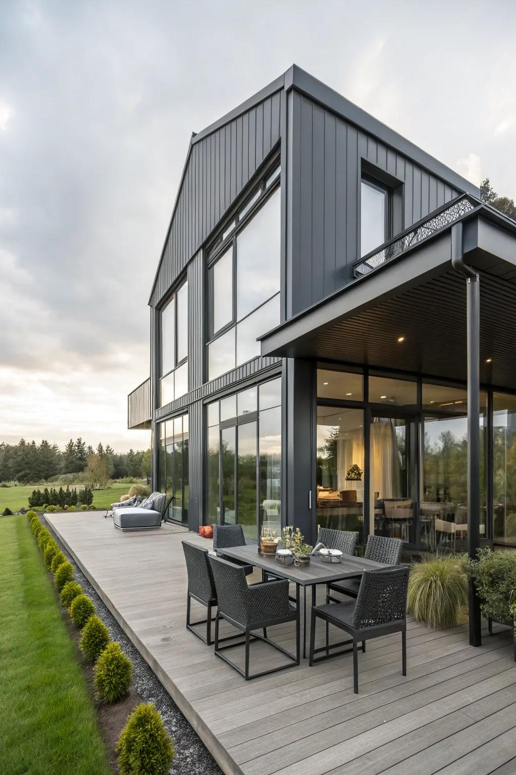 Outdoor terrace extending the living space of a modern metal home.