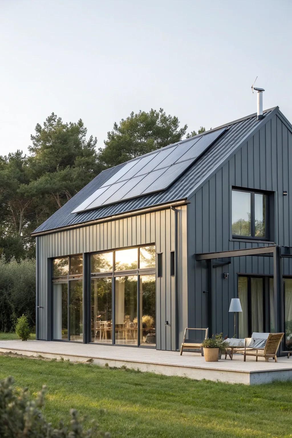 Eco-friendly modern metal home with solar panels.