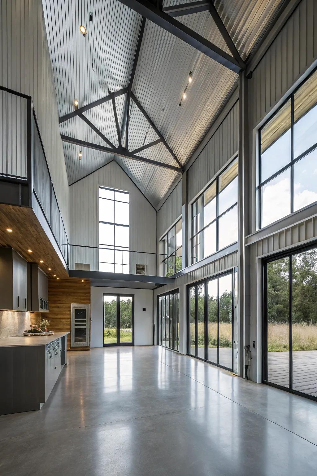 Sky-high ceilings adding a sense of space to a modern metal home.
