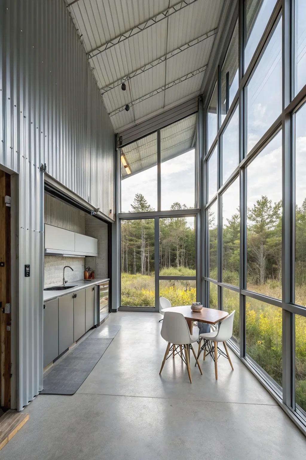 Elegantly minimalist interior of a modern metal home.