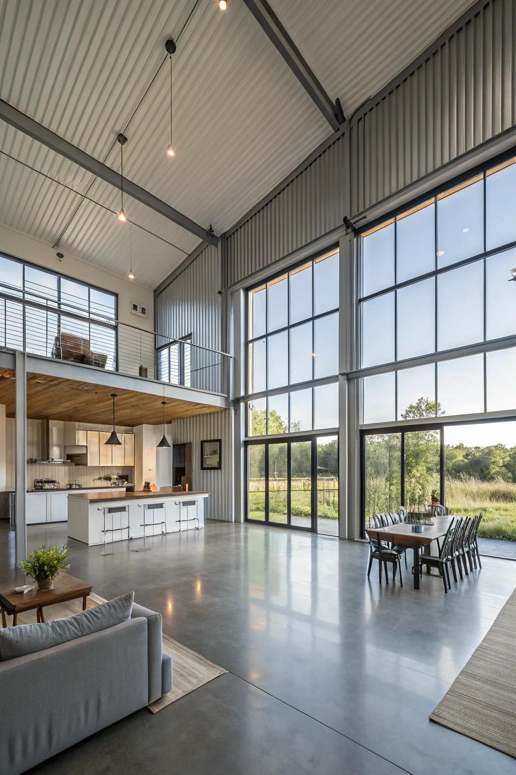 Spacious open floor plan inside a modern metal home.