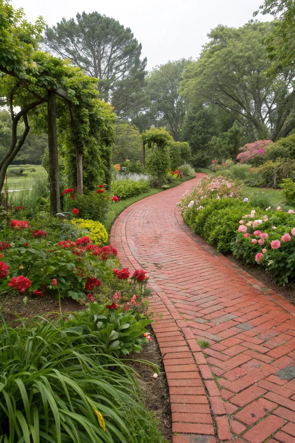 A garden pathway with red bricks harmonizes with lush greenery.