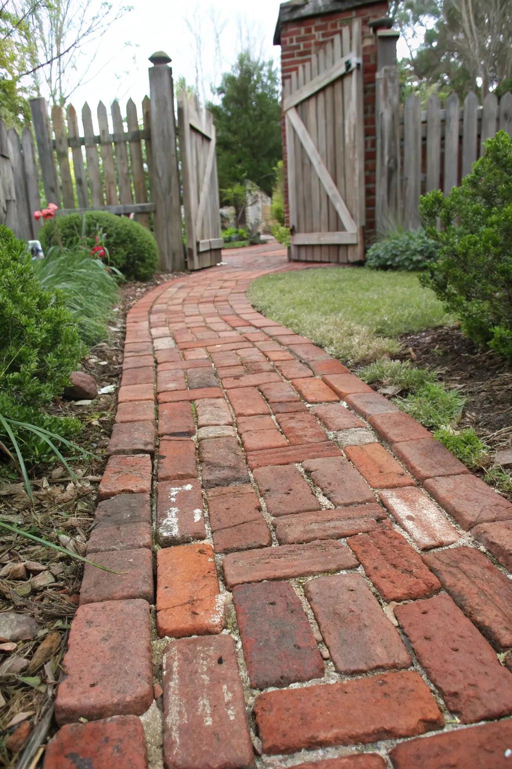 Aged bricks lend a vintage charm to a red brick walkway.