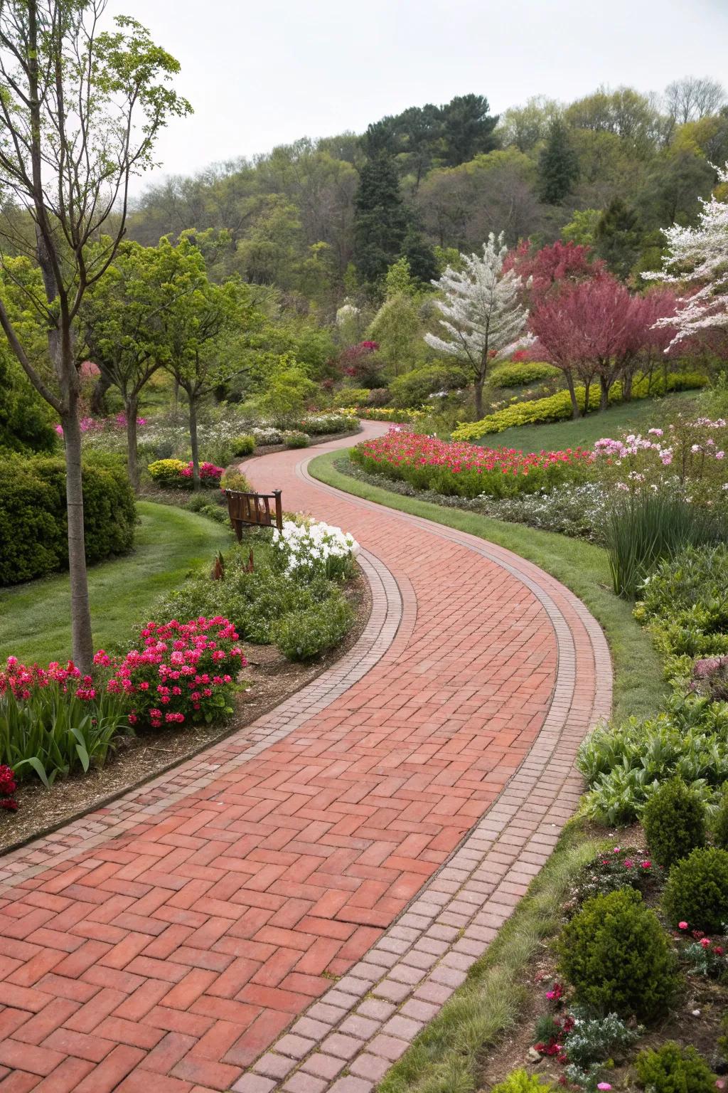 A winding brick path adds a sense of discovery to a garden.