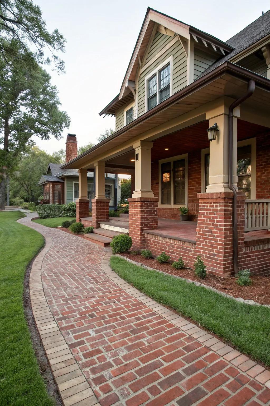 Coordinated brick elements enhance a craftsman-style home.