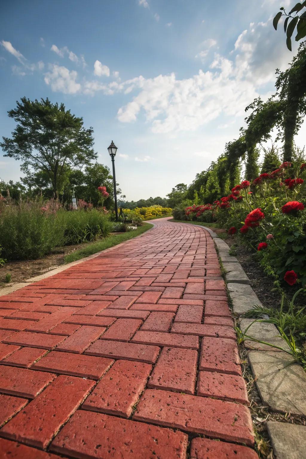 A mix of textures adds depth to a red brick walkway.