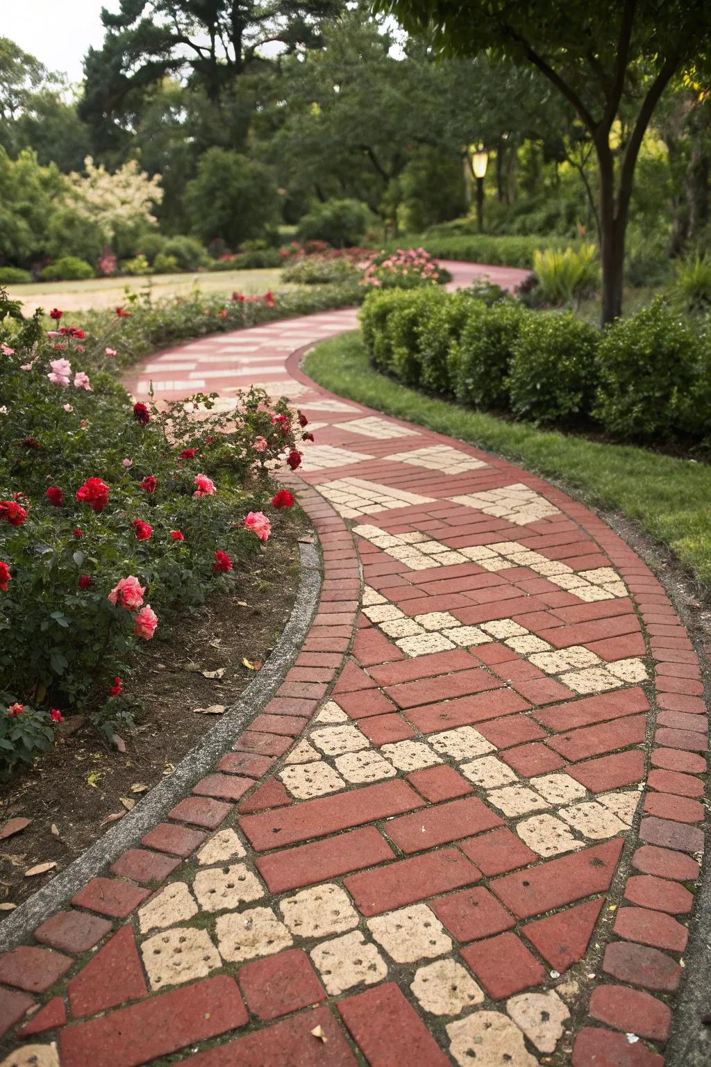 Playful patterns with alternating brick colors create visual excitement.