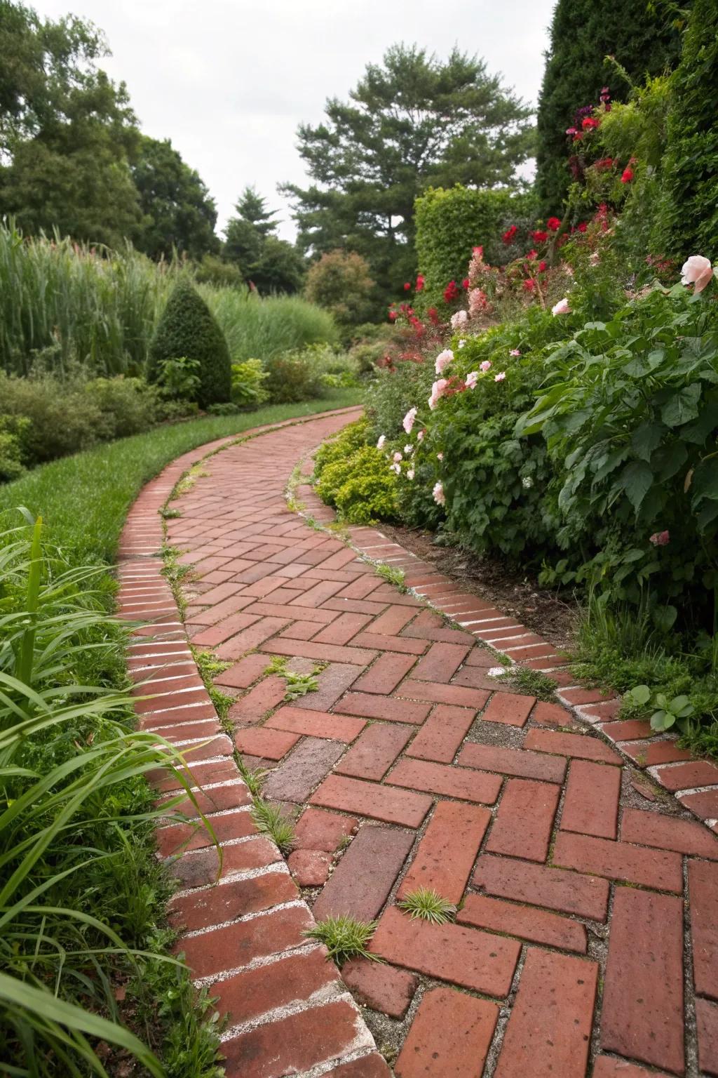 A narrow brick path fits neatly into smaller garden areas.