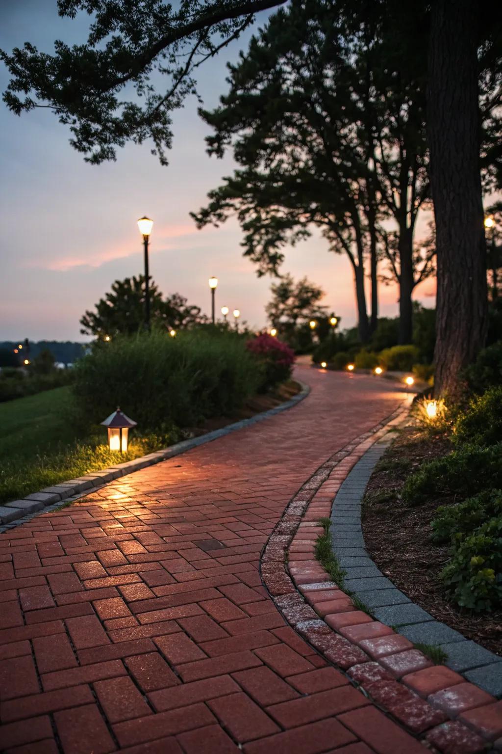 Soft lighting creates an enchanting ambiance along a brick path.