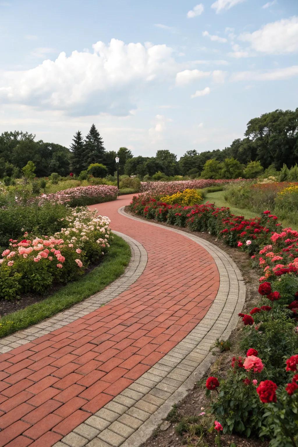 A gently curved red brick walkway adds grace to a garden filled with blooms.