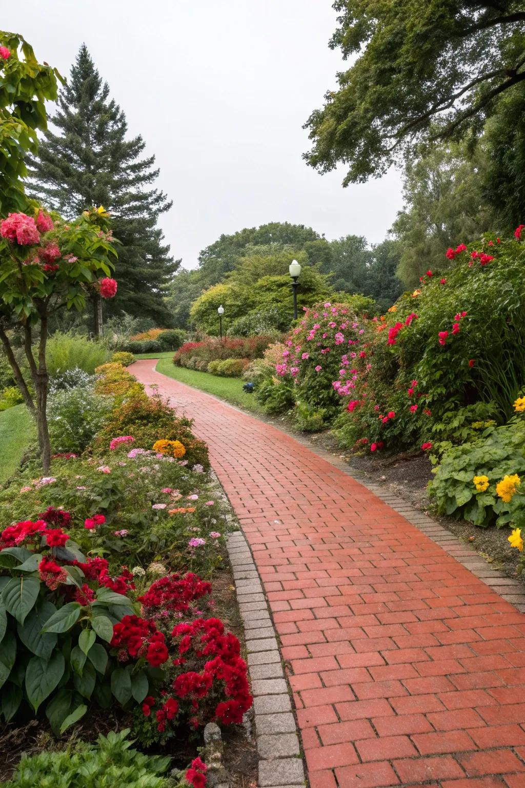 Bold foliage contrasts beautifully with a red brick walkway.