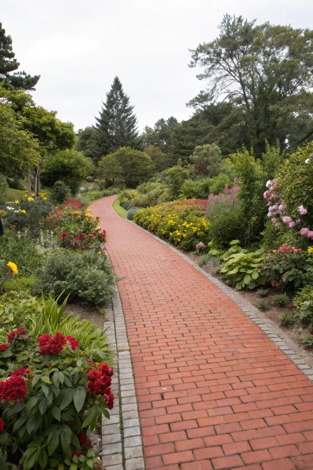 Lush borders frame a red brick walkway, adding natural beauty.