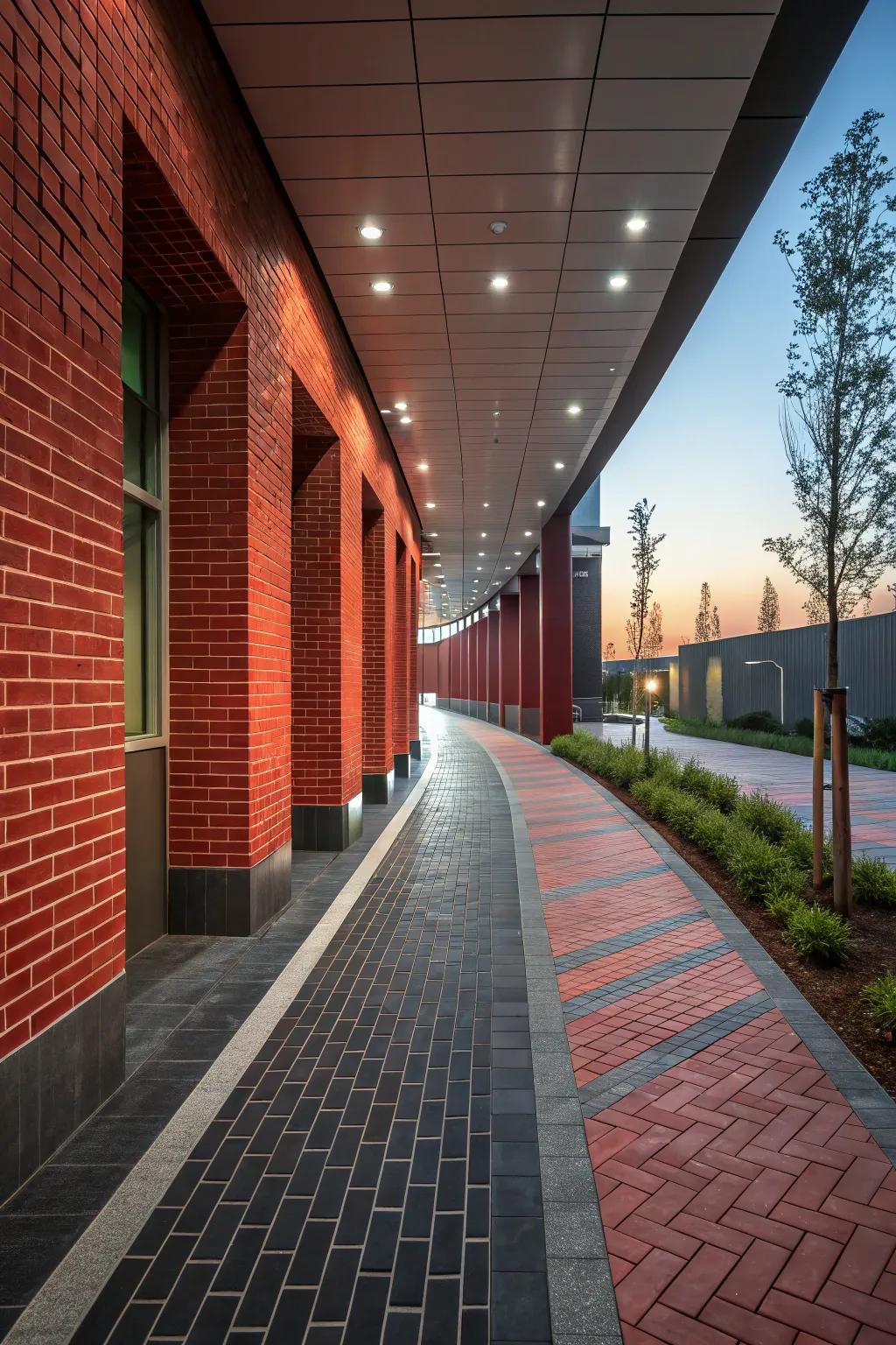 A modern mix of red bricks and dark pavers for a contemporary look.