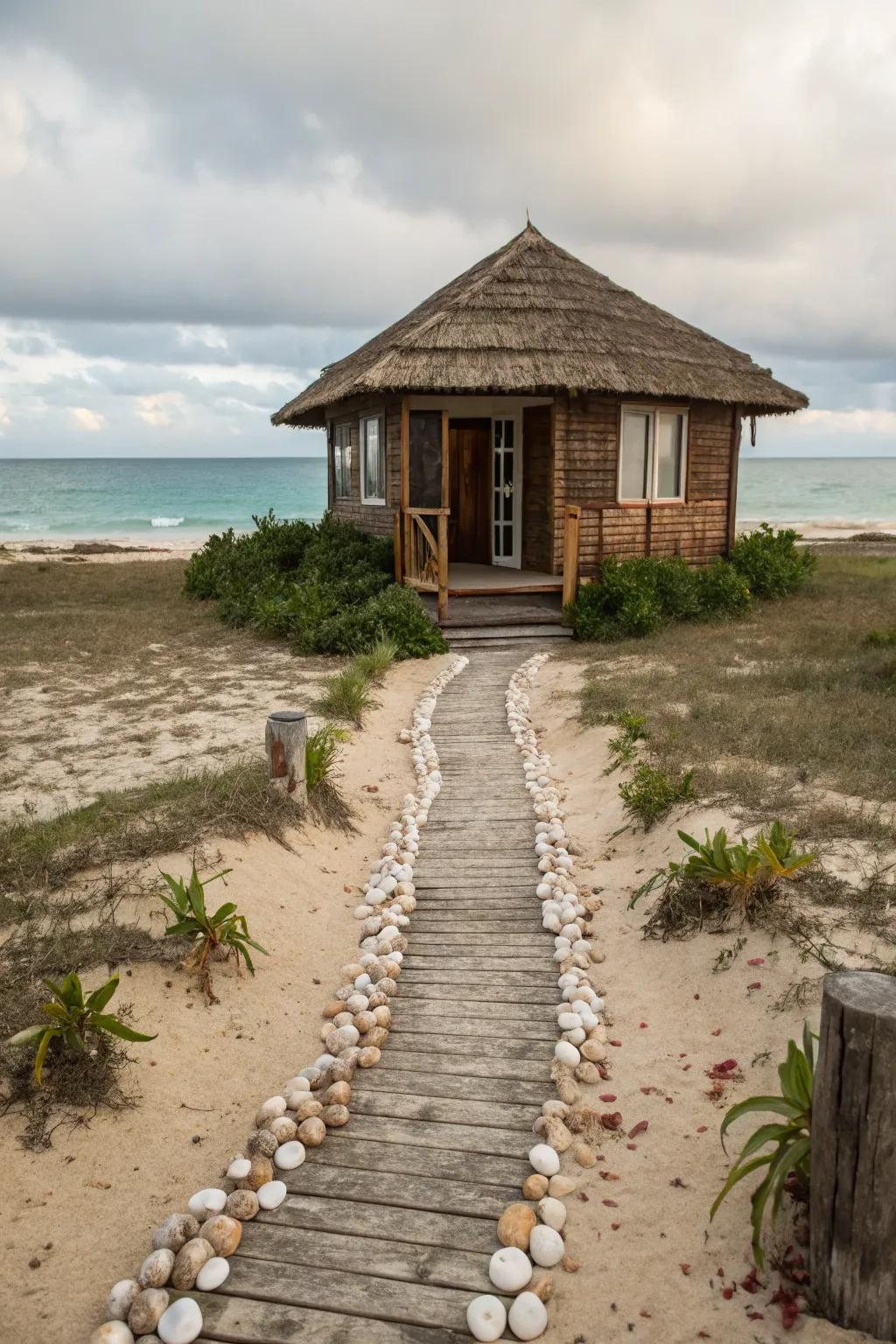 A seashell pathway adds coastal whimsy.